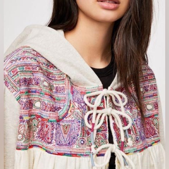 Free People Jackets & Blazers - New Free People Hooded Rainbow Embroidered Lg Ivory Tie-Front Jersey Cardigan